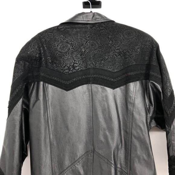 G-III Vintage Black  1980s Leather w/ Paisley Suede Trim Trench Coat LG - Picture 9 of 15